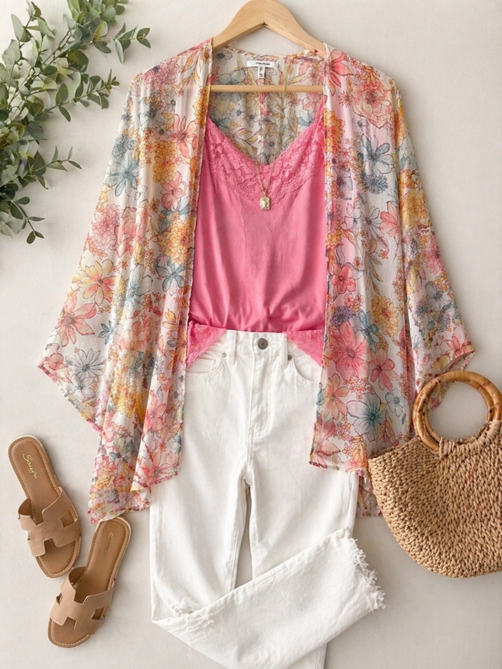 Floral Kimono + Pink Lace Cami Set | Spring Layered Outfit